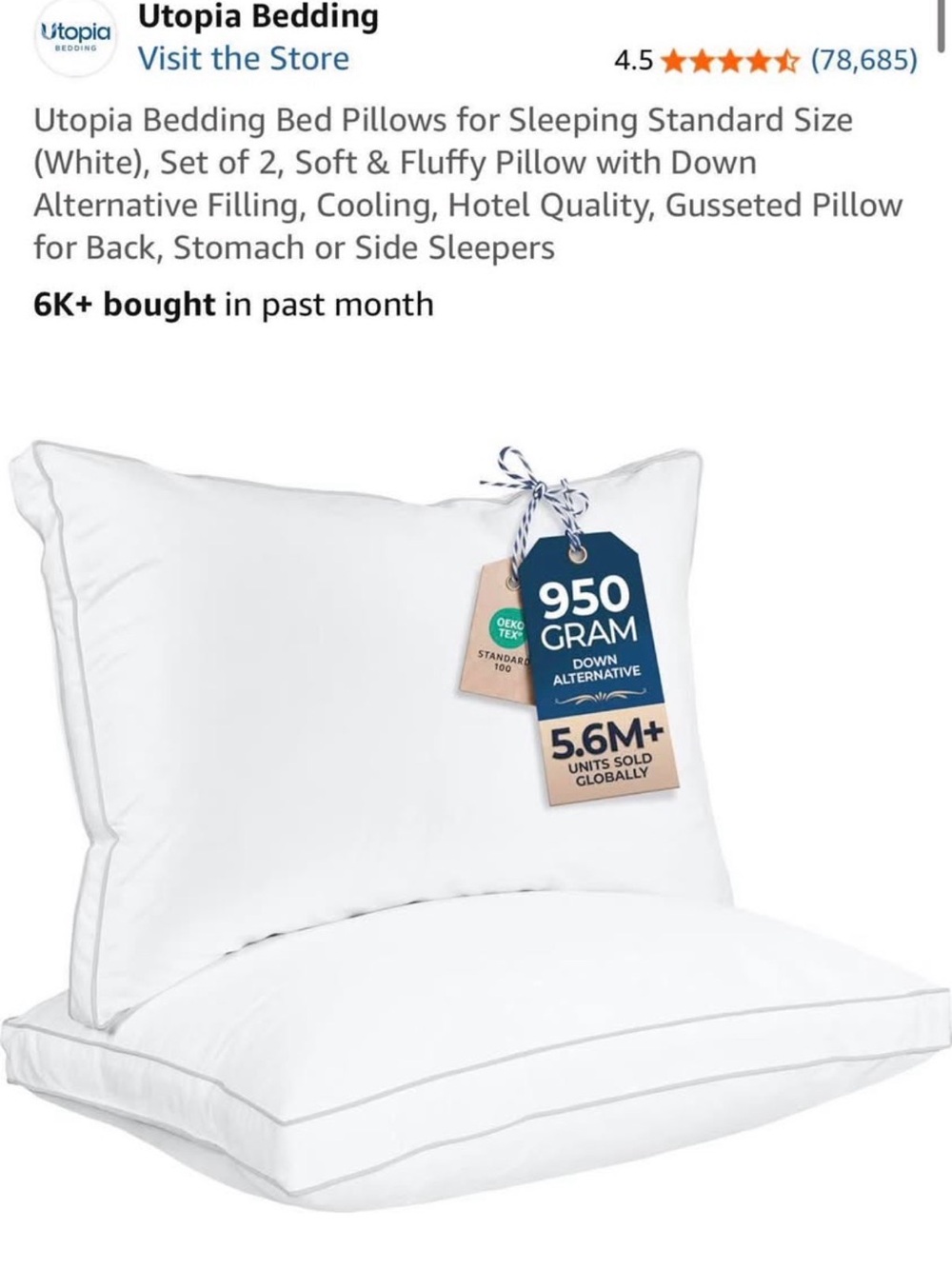 NIB Utopia Bedding Standard Pillows - two pack